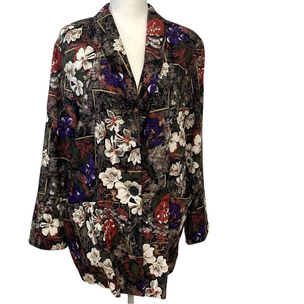 Vintage‎ Kensington Square Blazer 1X Artsy Floral Colorful 1 Button Pockets USA